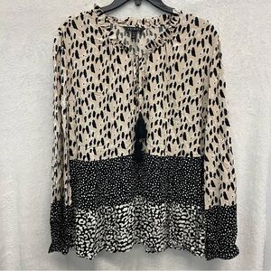 Ruffle Tassel Mixed Animal Print Tribal Black Cream Patterned Tunic Blouse XL